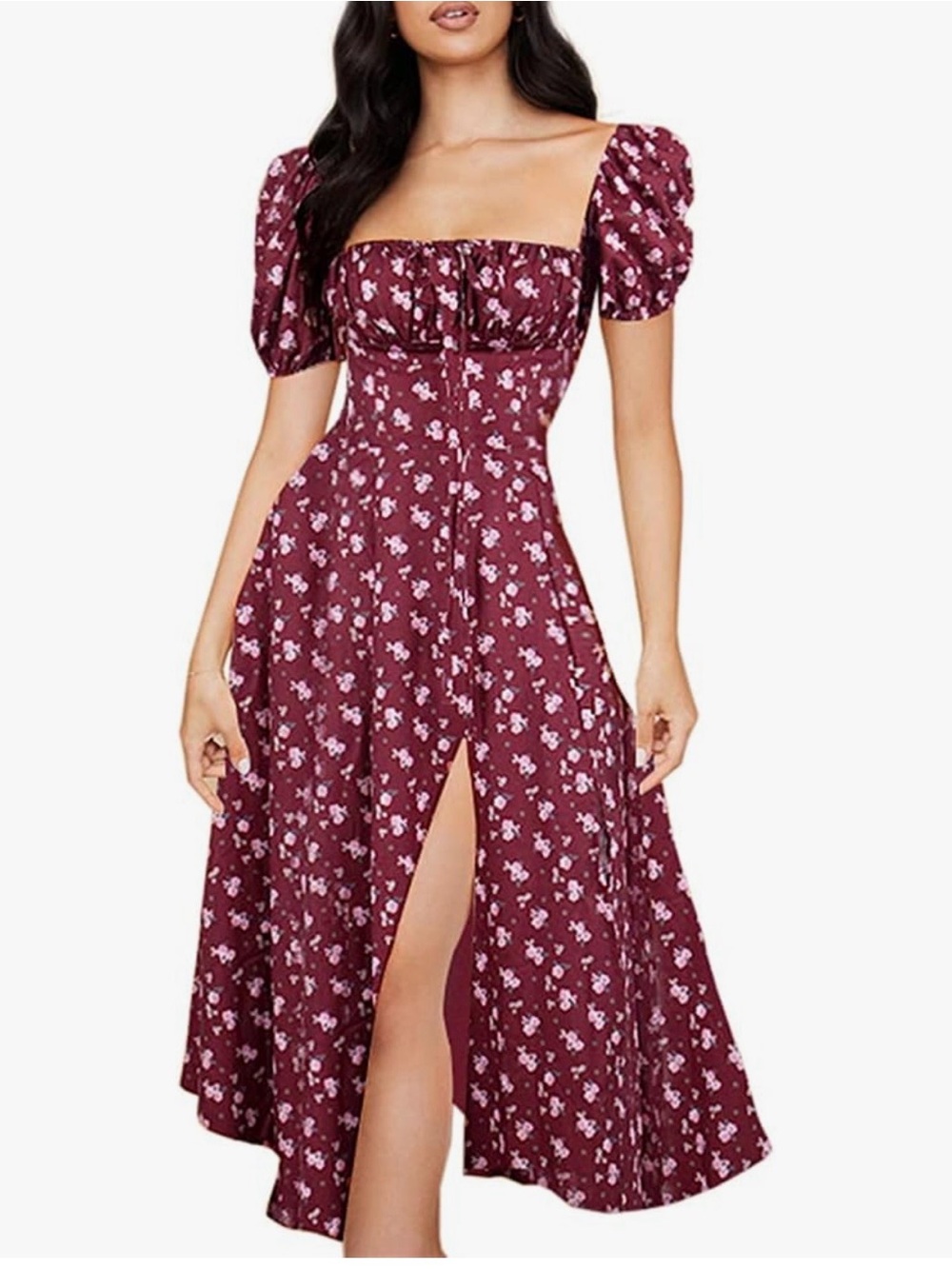Square-Neck Burgundy Floral Midi Dress with Puff Sleeves